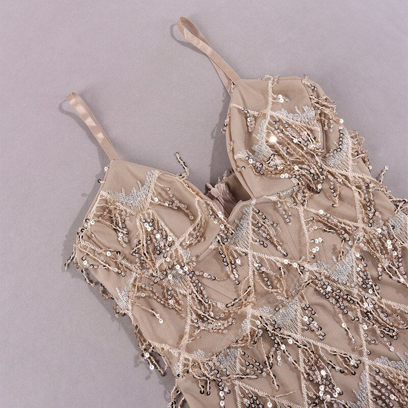 Hoobd2023 Elegant Luxury Women's Sequin Tassel Evening Dresses Sexy V-neck Spaghetti Strap Backless Short Birthday Party Slip Dress