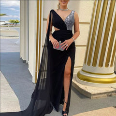 Fashion Banquet Ladies Long Dress Vestidos Sexy Sequin Stitching Mesh V-Neck Party Dress Women Elegant Slim High Slit Maxi Dress