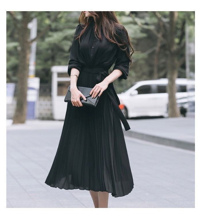 Hoobd Elegant Chiffon Long Sleeve Shirt Dress Women Belt Lace Up A-line Pleated Maxi Dress Korean Fashion Fall Clothes Streetwear