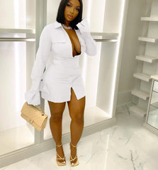 Hoobd Women Single Breasted Turn-down Neck Shirt Style A-line Bodycon Long Sleeve Dress New