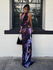 Hoobd Backless Maxi Dress Women Sexy Purple Print Halter Bodycon Dress Summer Beach Outfits Elegant Sleeveless Club Party Dress 2023