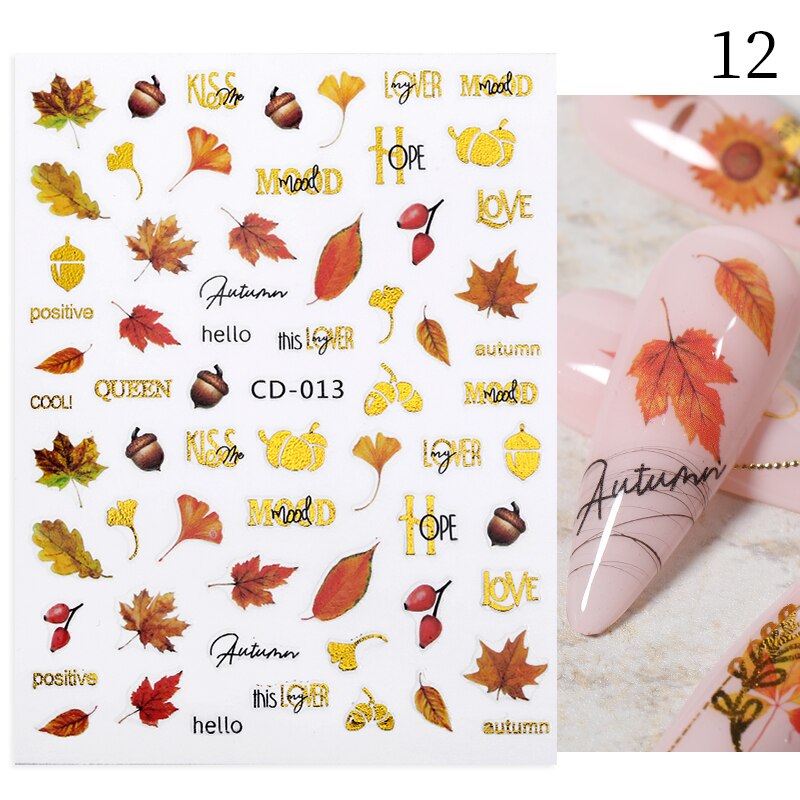 Hoobd1pcs Gold iridescent Maple Leaf 3D Nail Sticker Fall Autumn Pattern Adhesive Transfer Stickers Shiny DIY Nail Art Decoration