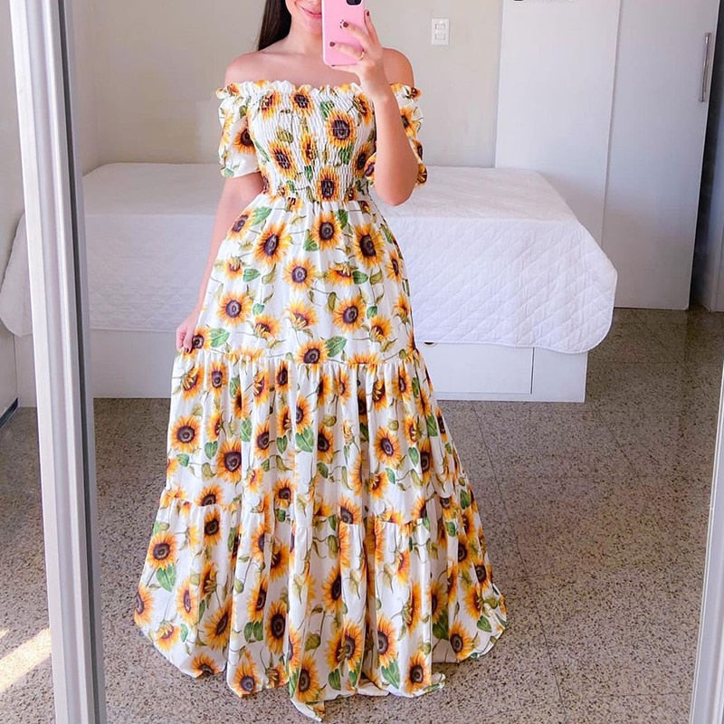 Hoobd Sexy Off The Shoulder Tube Top Dress Butterfly Rainbow Floral Print Dress Ladies Elegant Slim Summer Bohemian Party Maxi Dresses