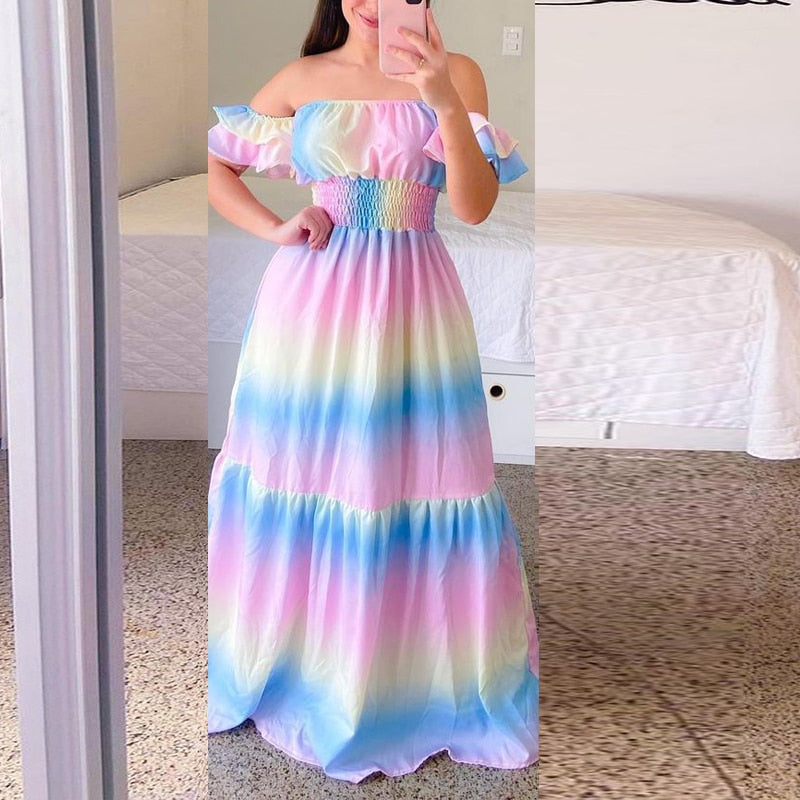 Hoobd Sexy Off The Shoulder Tube Top Dress Butterfly Rainbow Floral Print Dress Ladies Elegant Slim Summer Bohemian Party Maxi Dresses