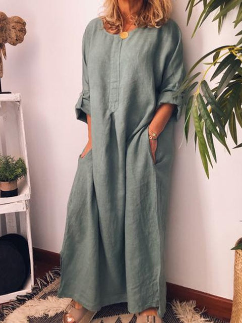 New Solid Color Loose Pockets Robe Women's Cotton Linen Solid Color Fashion Round Neck 7-Point Sleeve Casual Ladies Dress