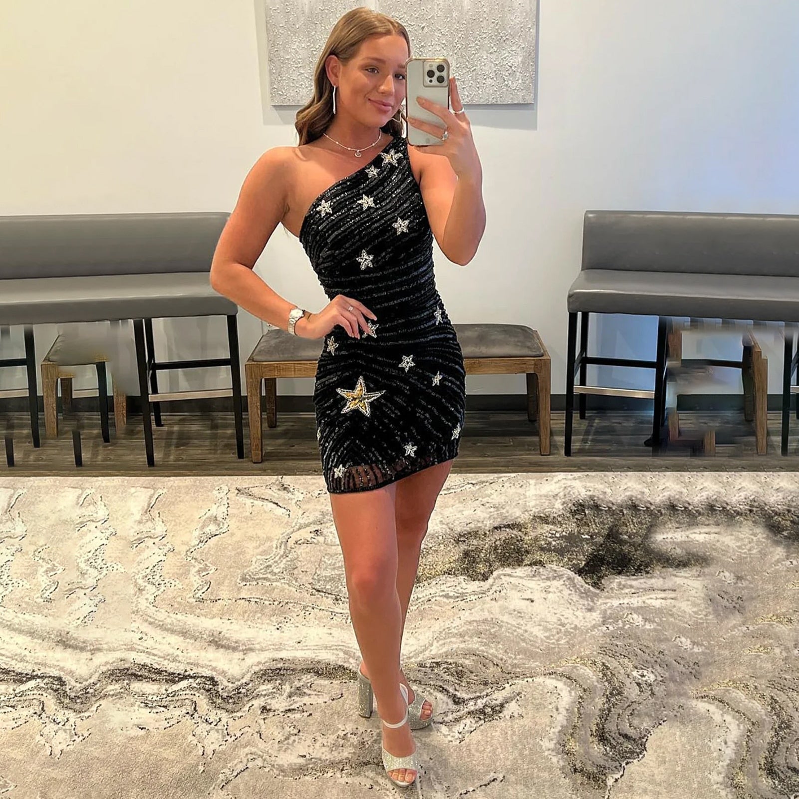 Cute One Shoulder Black Sequins Short Homecoming Dresses with Slit main image 1