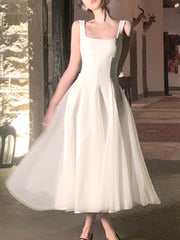 French Elegant Strap Midi Dress Women Solid Fairy Evening Party Dress Office Lady Sleeveless One Piece Dress Korean 2023 Summer