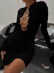 Autumn Sexy Bandage Black Mini Dress for Women Fashion Outfits Party Club Long Sleeve Bodycon Dresses Vestido Knit