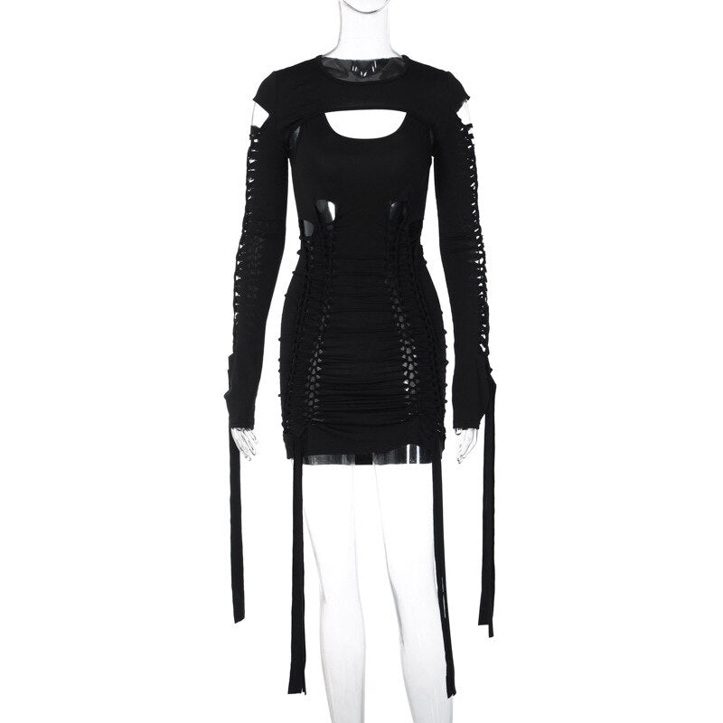 Women's Sexy Hollow Out Long Sleeve Bandage Package Hip Short Dress Night Club Streetwear Cut Out Backless 2 Pieces Dress Sets