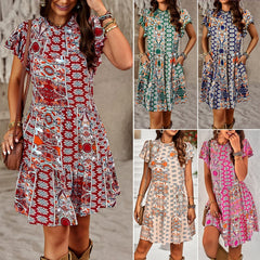 Fashion Elegant Ladies Long Dresses 2023 Summer Round Neck Short Sleeve Printed Party Dress Boho A-line Beach Dress for Women