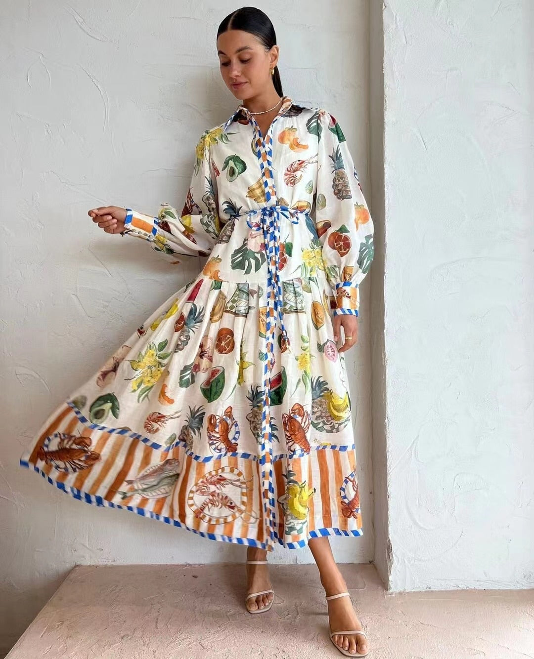 Hoobd2023 Autumn Print Holiday Women Beach Dress With Belts A-line Long Lantern Sleeve Single Breasted Lapel Seaside Dresses Robe