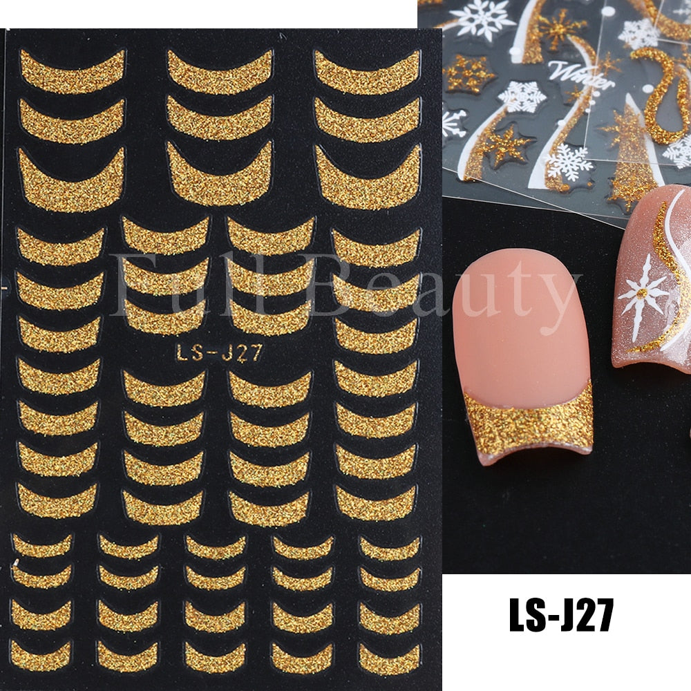 Christmas Nail Sticker 3D Reflective Shiny Glitter Gold Silver Snowflake Elk Bells Decal Slider For Manicure Decoration NLLS-J24