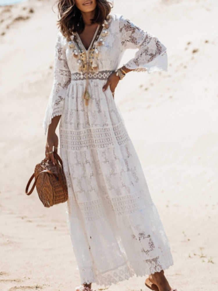 Hoobd Elegant V Neck Lady Loose Maxi Party Dress Women Flare Sleeve Solid Lace Dress Summer Hollow Out Casual Long Dress Vestidos