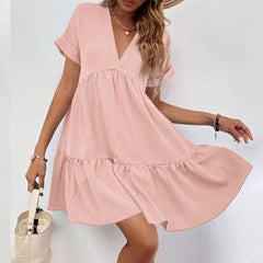 Casual Women Short Sleeve Mini Dress 2023 Spring Summer V-neck Loose Dresses Cute Solid Big Hem Beach Dress Robe De Plage
