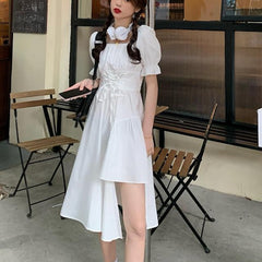 Women&#39;s White Dress Summer Elegant Vintage Kawaii Puff Sleeve Midi Dress Square Collar Bandage Sundress Goth Outfits
