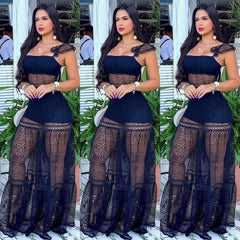 Perl Sexy Mesh Stitching Sling Zipper Dress See Through Lace Skirt Transparent Women's Clothing Charming Chic Outfit for Ladies