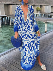 Hoobd Women Elegant V Neck Loose Party Dress Lady Retro Printing Long Sleeve Holiday Dress Autumn Casual Femme Dress Streetwear