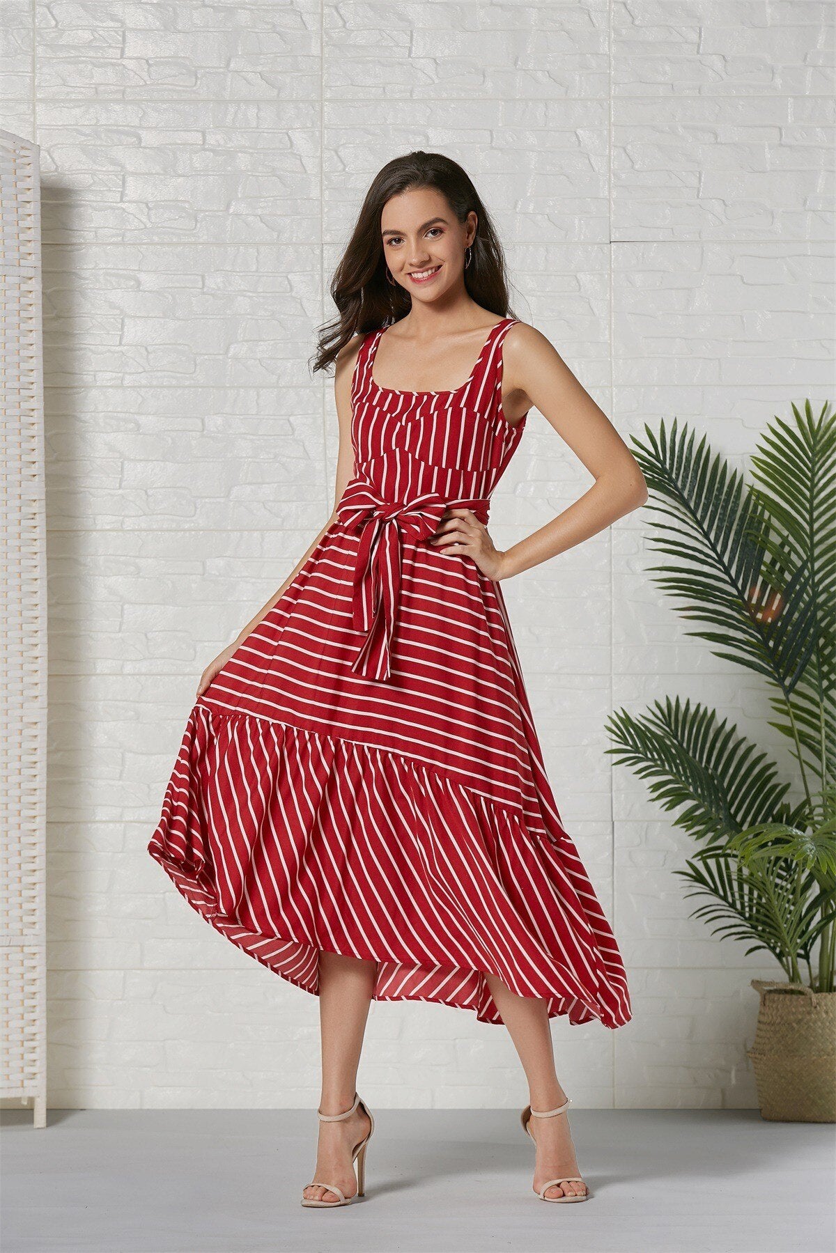 Hoobd Women Dress Striped 2024 summer beach dress Bohemia Dress Sexy Long Maxi Dresses Bow Lace Up Ruffles Long Summer Dress