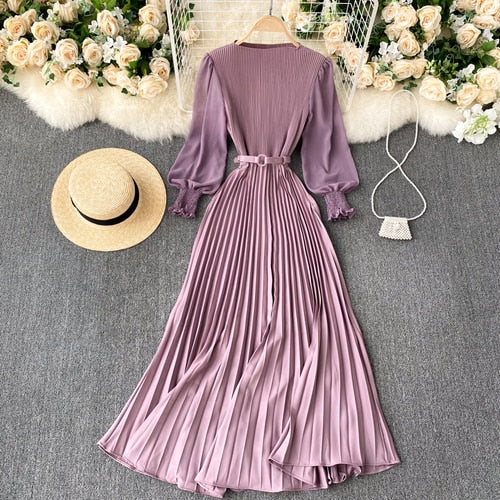 Women&#39;s Elegant Long Dress Spring and Summer Bubble Long Sleeve Pleated Belt Long Skirt 2023 Ladies French Temperament New Dress