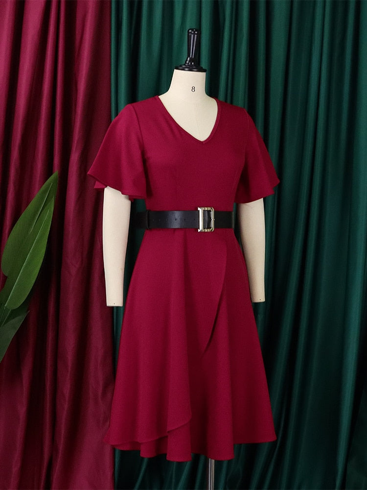 Hoobd Women Dress A Line Ruffle Eleagant Party with Waist Belt Blue Short Sleeve Office Lady Classy Modest Robe Fit Autumn New Fashion