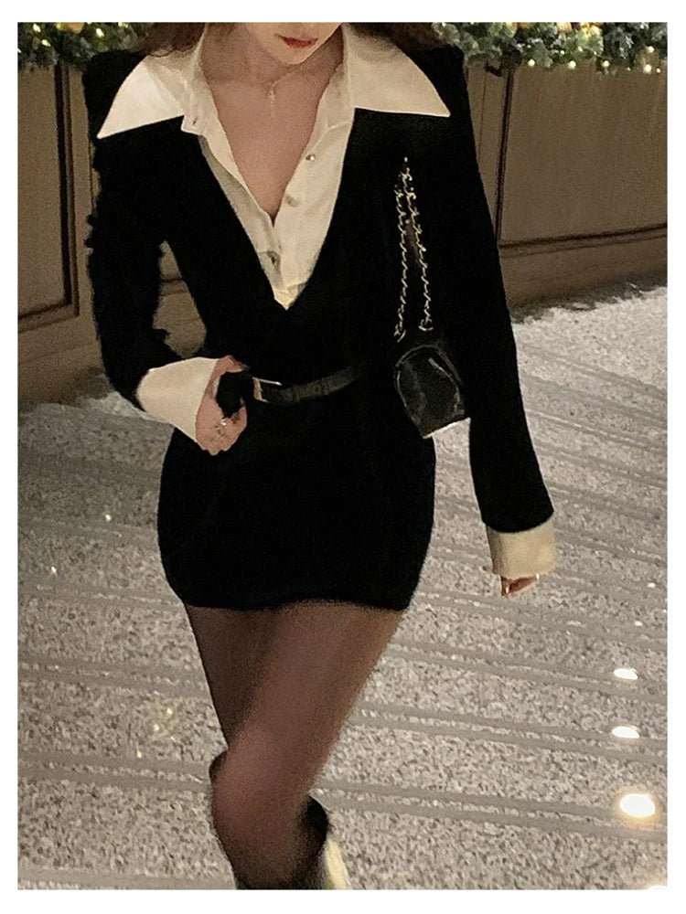 --Spring Black Elegant Dress Women Sexy Patchwork Y2K Designer Mini Dress Female Casual Korean Fashion Slim Party Dress 2024 New