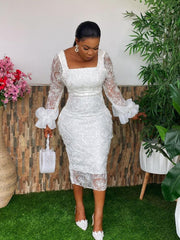 Guest Wedding Dress Woman Bodycon Shiny Square Collar Long Sleeves Lace Patchwork Birthday African Party Event Occasion Gown New