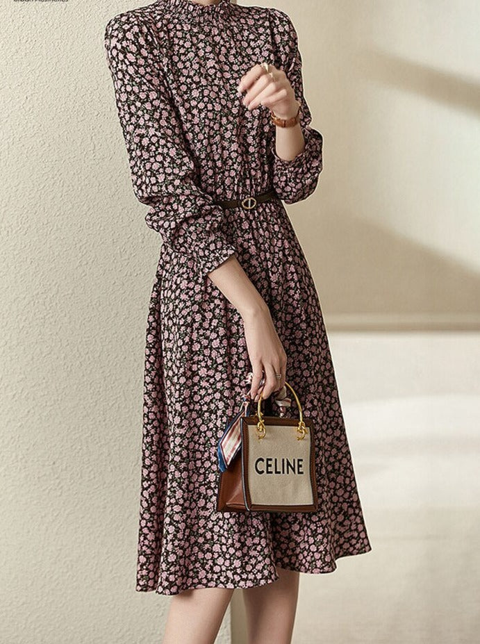 Floral Printed Midi Dress for Women 2023 Spring Autumn Fashion Ruffled Collar Long Sleeve Belted Vintage Elegant Dresses