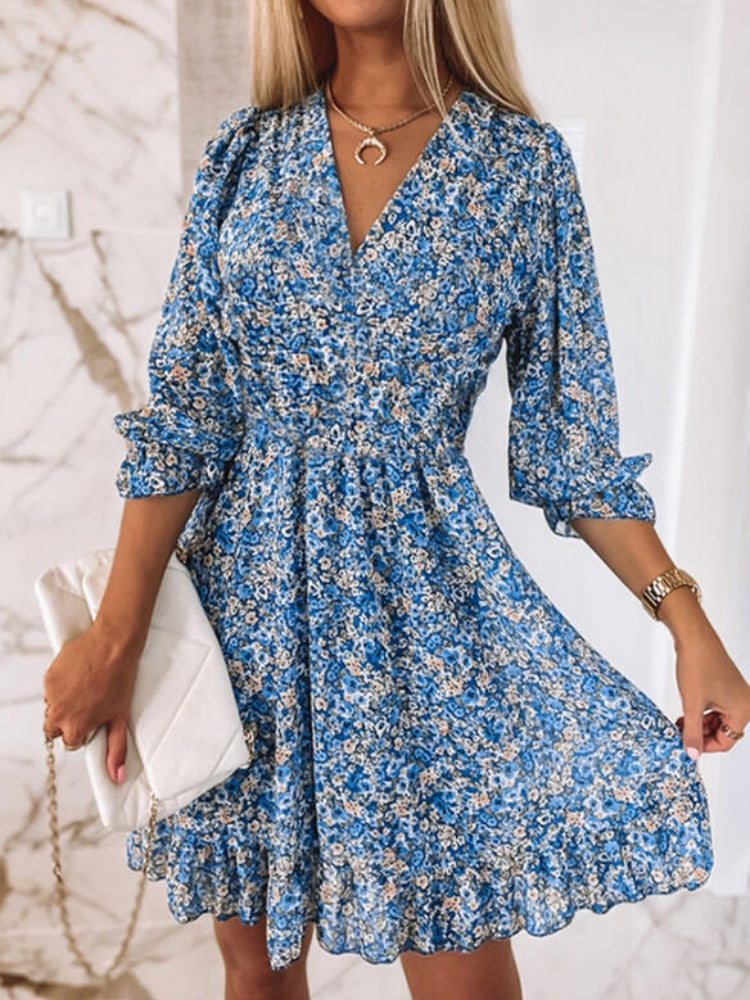 Dress for Women Sexy V-neck 2023 New Midi Dress Bohemian Print Short-sleeved Floral Dress with A Nipped-in Waist Pullover