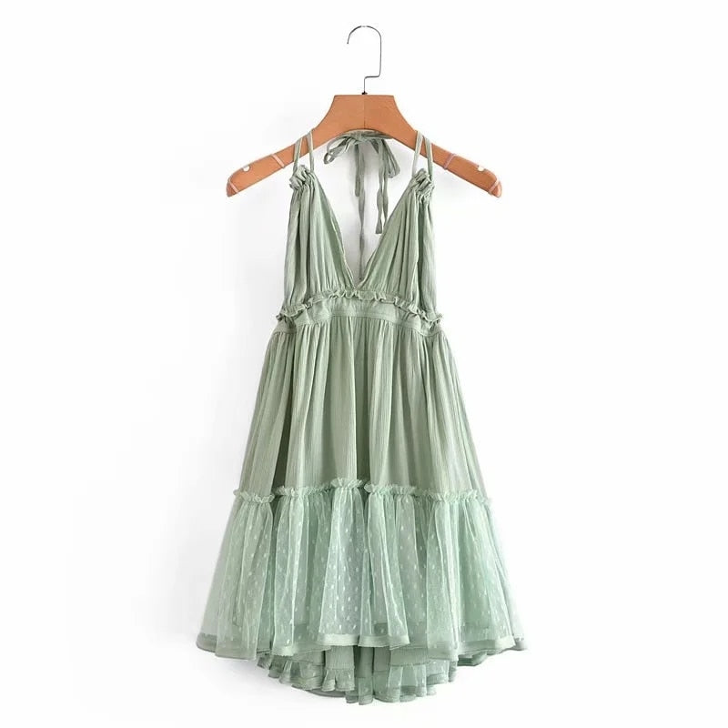 Hoobd summer dress cotton lace pleated halter backless beach dresses V-neck sexy dress women bohemian vestidos 2023
