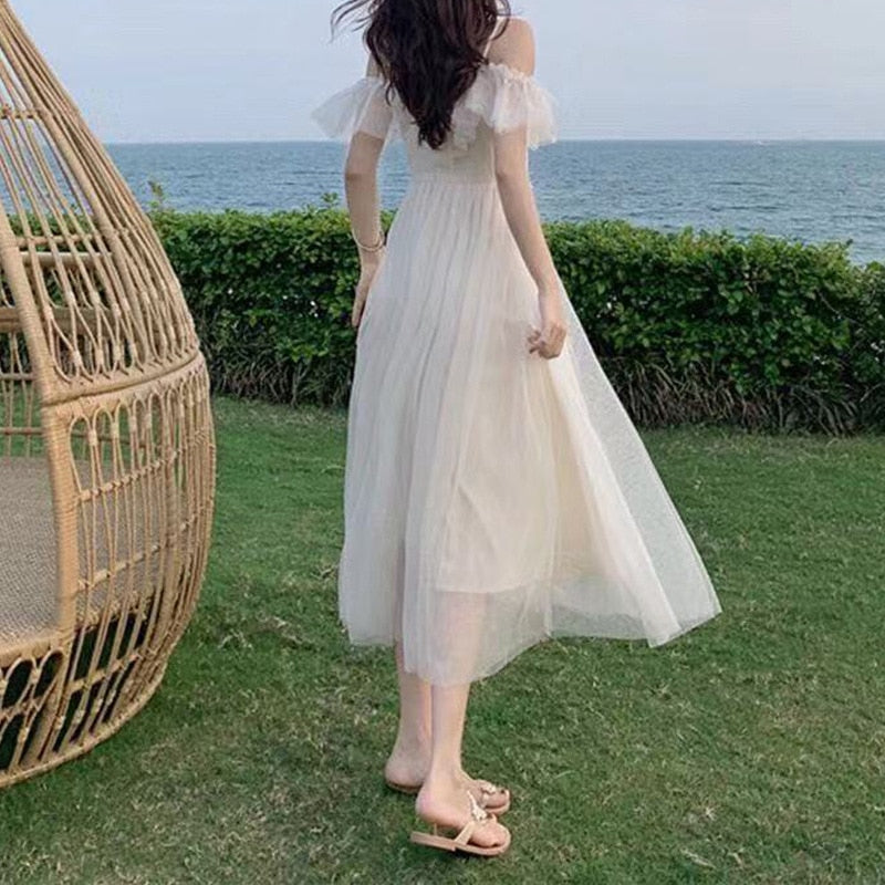 Women Sexy Mesh V Neck Lace Up Sweet Kawaii Japanese Fairy Party Elegant Dresses Summer Fashion Ruffle White Short Sleeve Dress