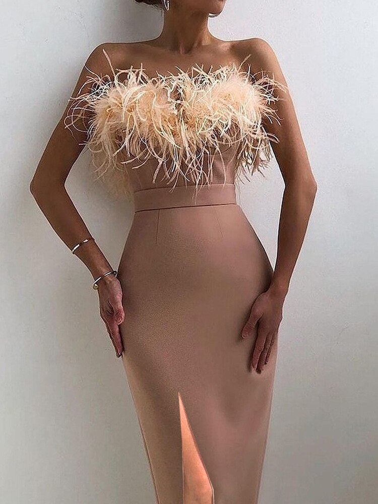 Hoobd Luxury Feathers Dress Women Sleeveless Spaghetti Strap High Waist Bodycon Slit Mid-calf Wedding Birthday Party Evening Dresses