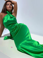 Hoobd Summer Sexy Halter Evening Backless Satin Long Dresses for Women Elegant Sleeveless Fashion Celebrity Maxi Club Party Dress