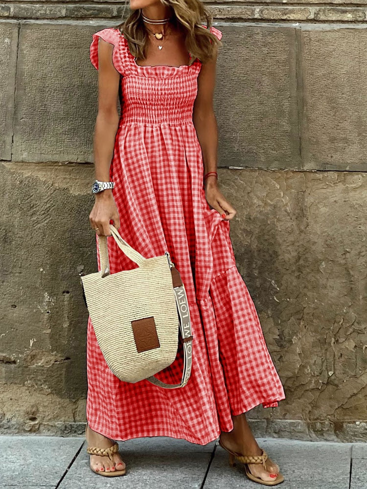 2023 New Summer Ruffle Sleeve Long Dress Retro Plaid Printed Beach Maxi Dress Women Sexy Square Neck Loose Hem A-Line Dress