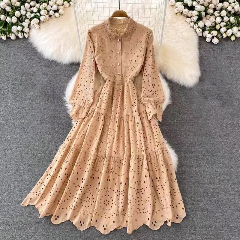 Vintage Elegant Women Summer Embroidery Hollow Out Midi Long Dresses Lady Boho A Line Vestidos Elbise Frocks Vestidos Za