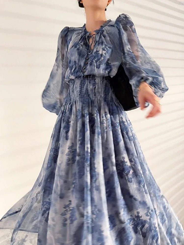 French Vintage Long Sleeve Fairy Dress Women Slim Fashion Floral Midi Dress Beach Casual Korean Style Dresses Female 2024 Summer