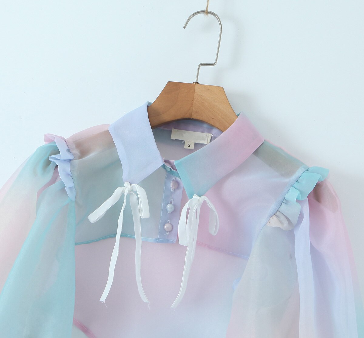 Women Gradient Rainbow Print 2pcs Organza Dress Bow Bandage Rope Puff Sleeve Lapel Crop Top Ball Gown Party Mini Fairy Robe