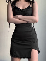 Hoobd Strappy Satin Ruched Black Dress Mini Lace Spliced Side Split Sexy Dress Female Sundress Backless Ladies Dresses