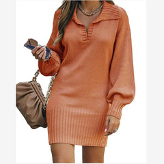 Hoobd New In 2023 Women Dress Medium Long Skirt Sweater Dress Female Lapel Long Sleeve Dress Pullover Loose Women Knitted Dresses