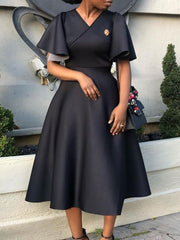 Women Dress V Neck Flare Sleeves A Line Pleated Swing Elegant Classy Female Occasion Summer Modest Runway Luxury Designer 2023