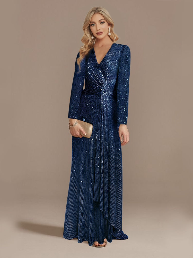 Hoobd Luxury Long Sleeve V-Neck Evening Dress Party Women Wedding Sequins For Female Guests Blue Prom Cocktail Dresses