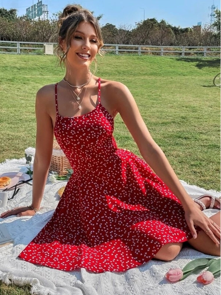 Print Summer Dress Confetti Heart Print Crisscross Tie Backless Cami Dress Print Boho Beach Dress Sundress Robe