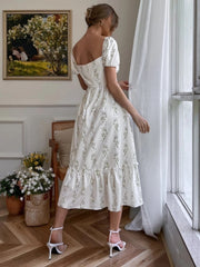 Hoobd Allover Floral Square Neck Flounce Sleeve Dress
