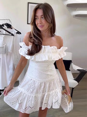 Beach Style Vacation Summer Dress Women Clothes  Sweet White Cutwork Embroidery Dress Ruffle Trim Off Shoulder Short Dresses