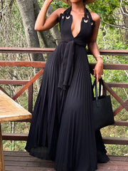 Hoobd Sexy Halter V Neck Lace Up Maxi Summer Dress Women Sleeveless Chiffon Long Dress