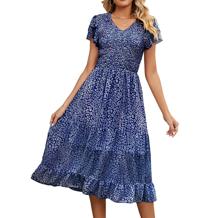 2023 Summer V-Neck Pleated Printed Chiffon Patchwork Waist-Tied Dress for Women