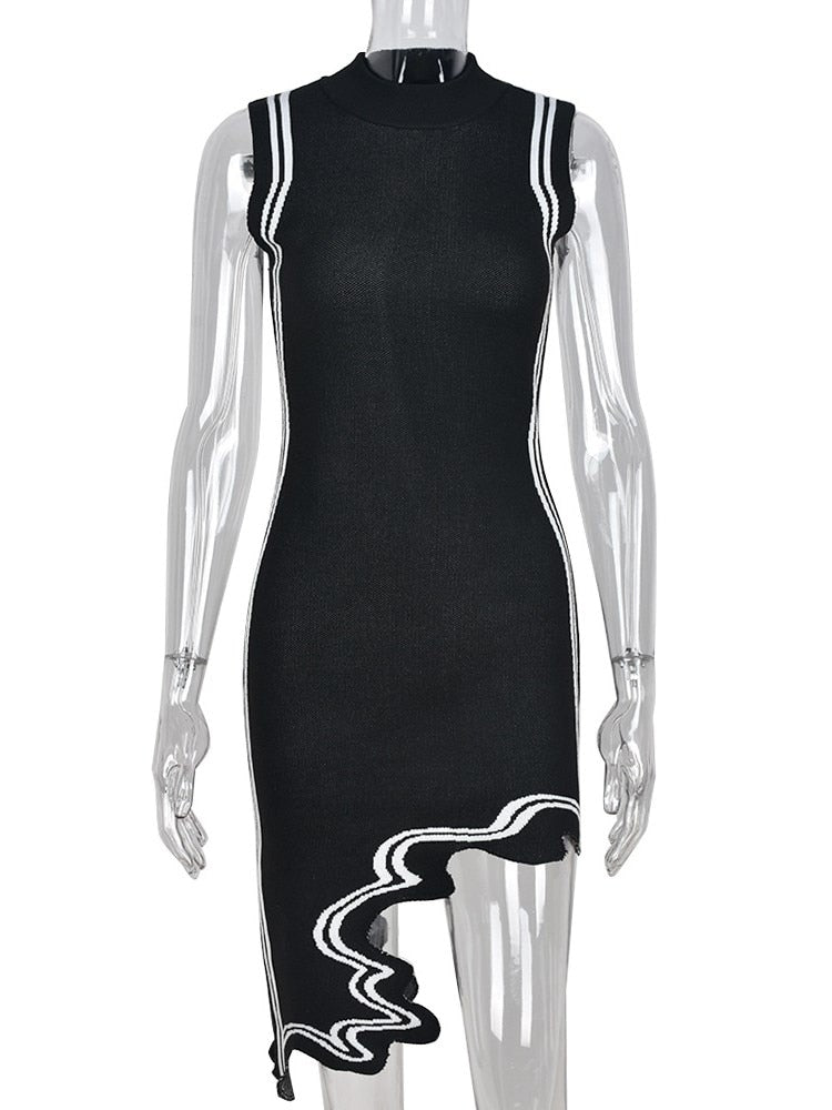 Hoobd Sexy Fashion Sleeveless Knitted Dress Asymmeerical Bodycon Mini Black Dress Women 2023 Spring Summer Club Party Dresses