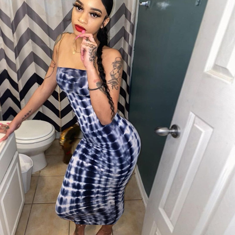 Hoobd Sexy Bandage Dress Waist Illusion Dress 2023 Women V-neck Maxi Dresses Ladies Tie-dye Wave Print Party Dresses Tight Dresses