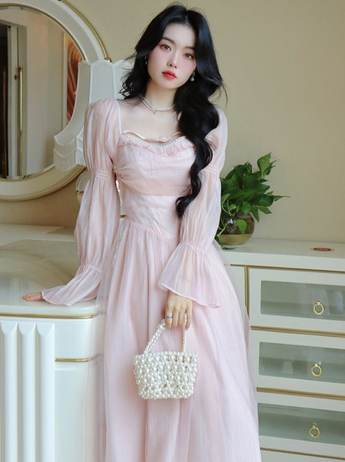 Hoobd Elegant Evening Party Midi Dress Women Bubble Sleeve French Vintage Sweet Dress Female Pink Korean Style Fairy Dress Autumn