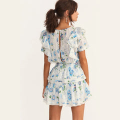 Hoobd New Arrival Summer Short Sleeve Natasha Mini Dress Women Ruffled A-line Dress Blue Print