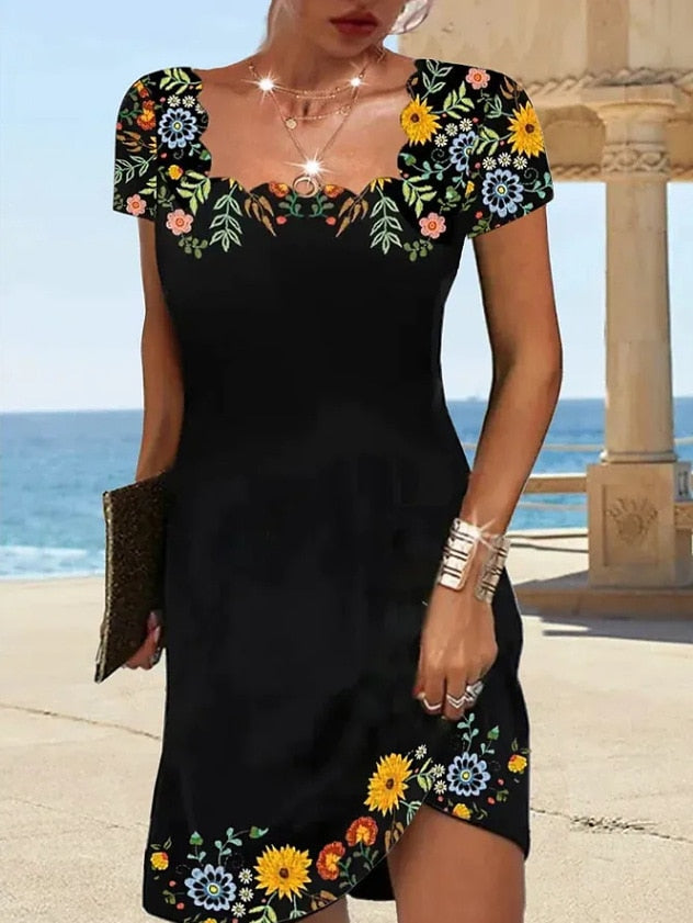 2023 Summer Women&#39;s Wavy Neck Print Short-sleeve Dress Elegant Casual Floral Theme Printed Female Fashionable Knee Length Dress